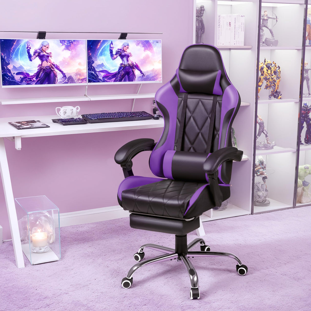 Gaming Chair with Footrest and Massage Lumbar Support, Ergonomic Computer Seat