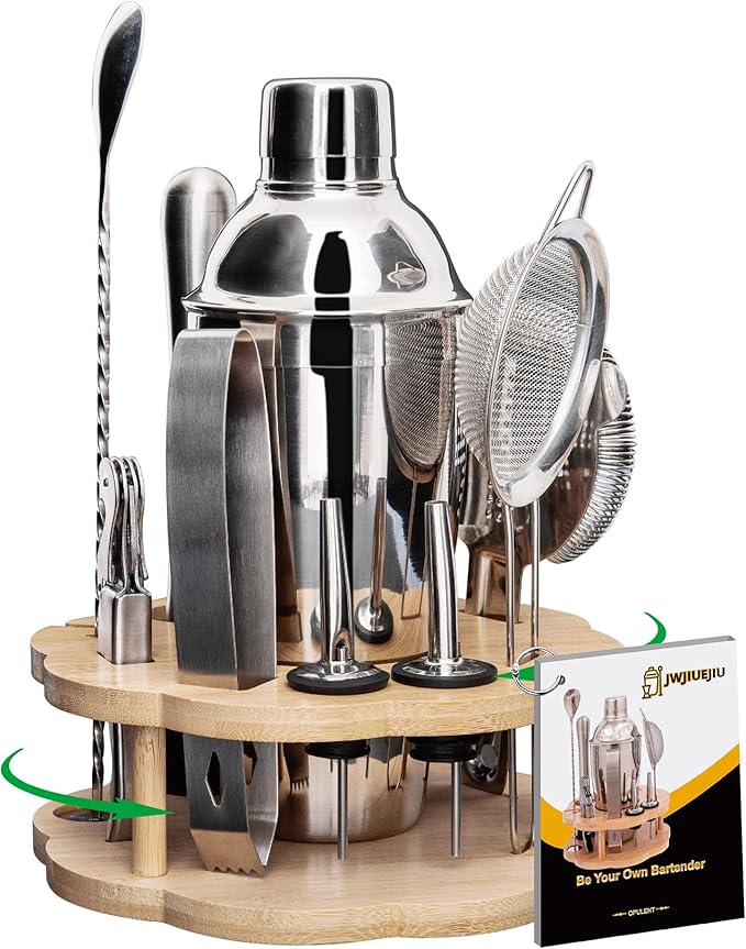 Cocktail Shaker Set Bartender Kit with Rotating Bamboo Stand
