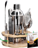 Cocktail Shaker Set Bartender Kit with Rotating Bamboo Stand