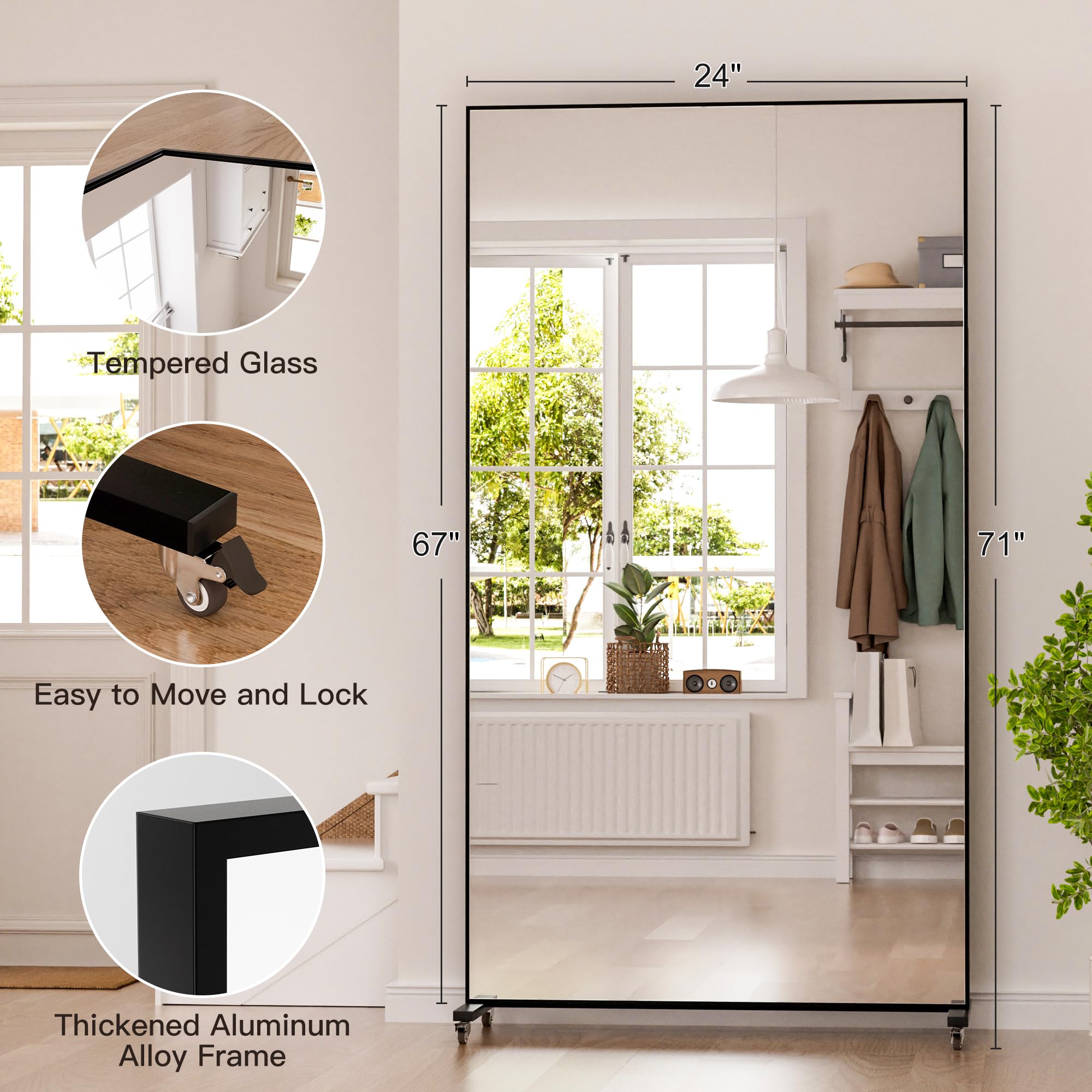 Large Rolling Mirror 71" x 40" - Shatterproof Full-Length Glass for Gym, Dance Studio & Home