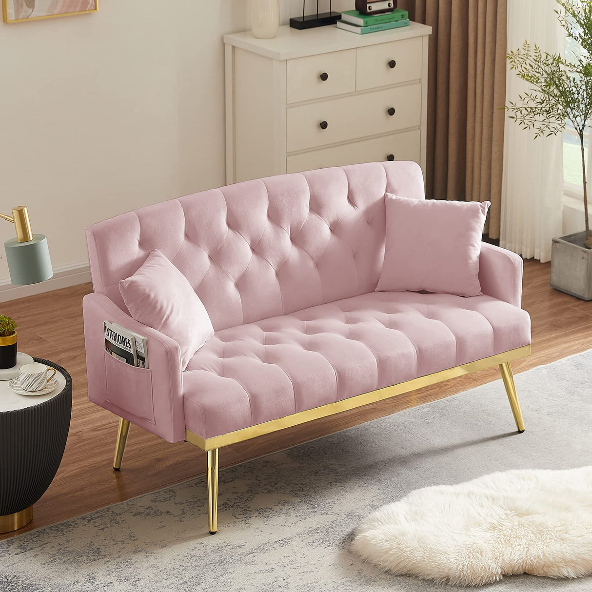 Velvet Loveseat Sofa, Modern Small Sofa Couch with Side Pocket and Golden Metal Legs, Tufted Leisure Sofa for Living Room, Bedroom, Office, Pink