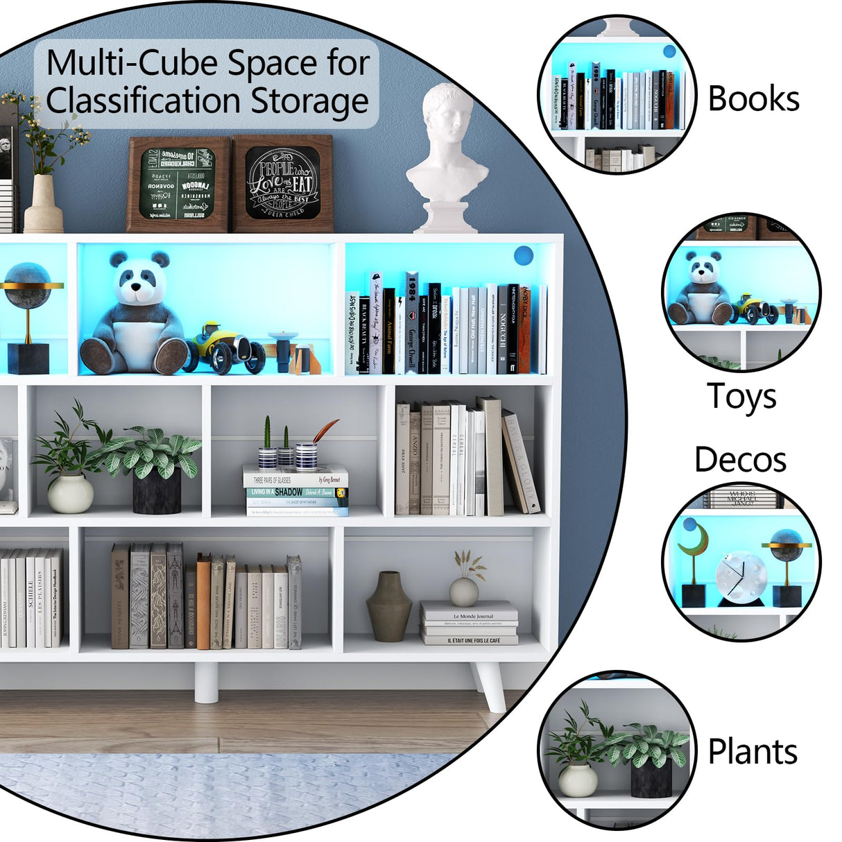 10 Cube Book Shelf with LED Lights, 3-Tier White Bookcase with Solid Wood Legs