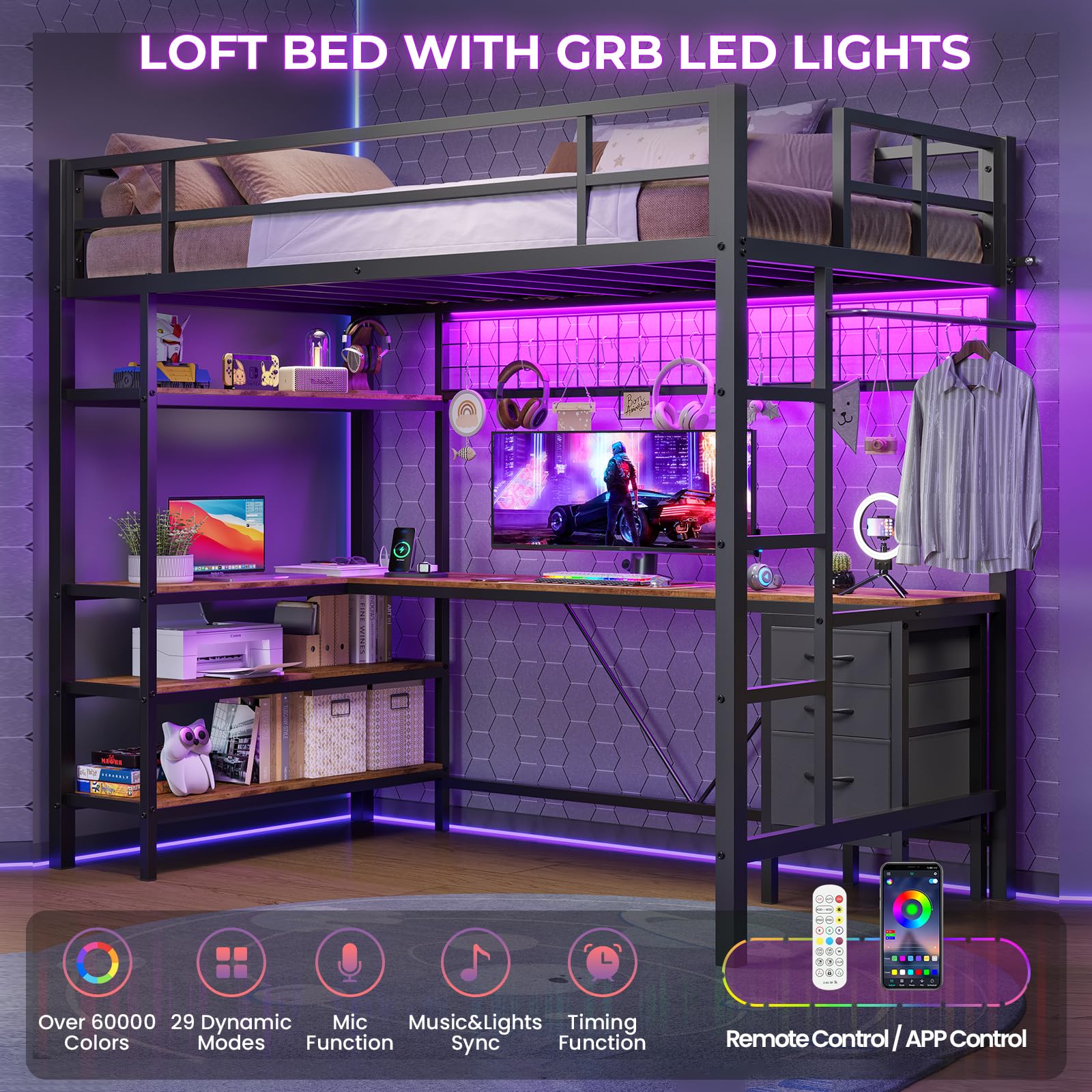 L-Shaped Desk and Storage Shelves, Metal Loft Bed Frame with Power Outlet, LED Lights,