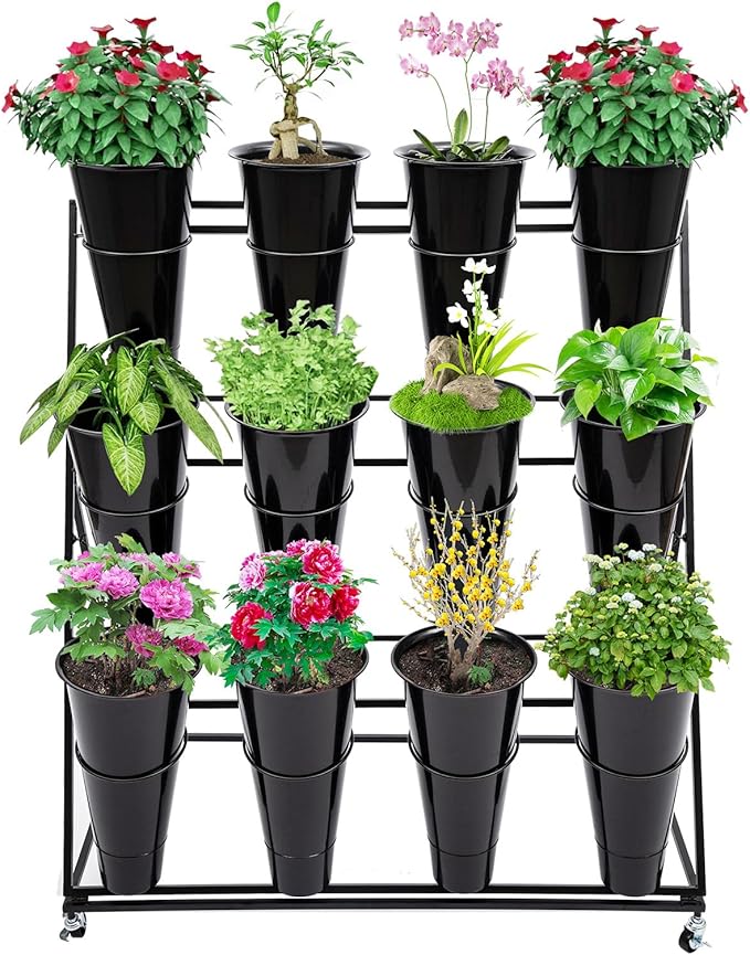 Flower Display Stand With 12PCS Buckets,3 Layers Plant Cart with Wheels