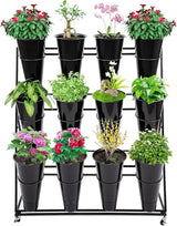 Flower Display Stand With 12PCS Buckets,3 Layers Plant Cart with Wheels
