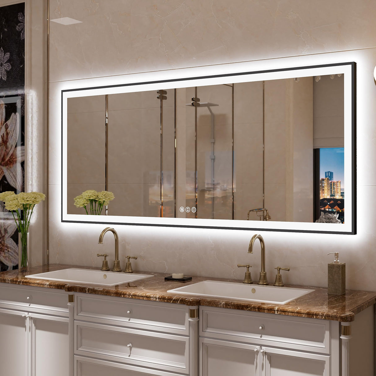 Large LED Bathroom Mirror 72x32 with Backlit and Front Lighted, Framed Dimmable Illuminated Mirror