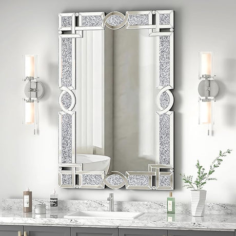 Crystal Crush Diamond Wall Mirror 46.5''x30.5'' Rectangle Silver Mirrors for Wall Decorative Large Wall