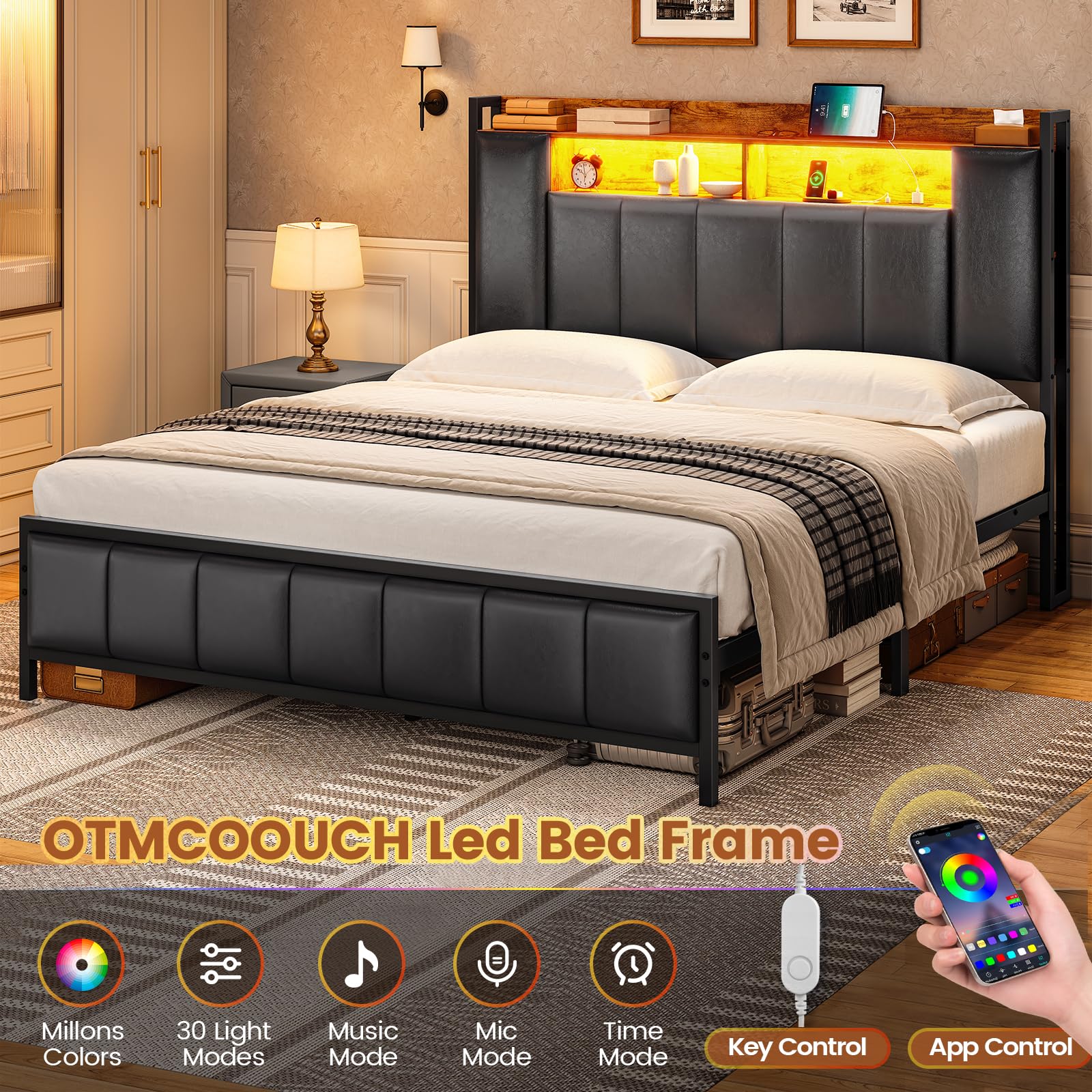 Full Size Bed Frame with Storage Headboard and Charging Station