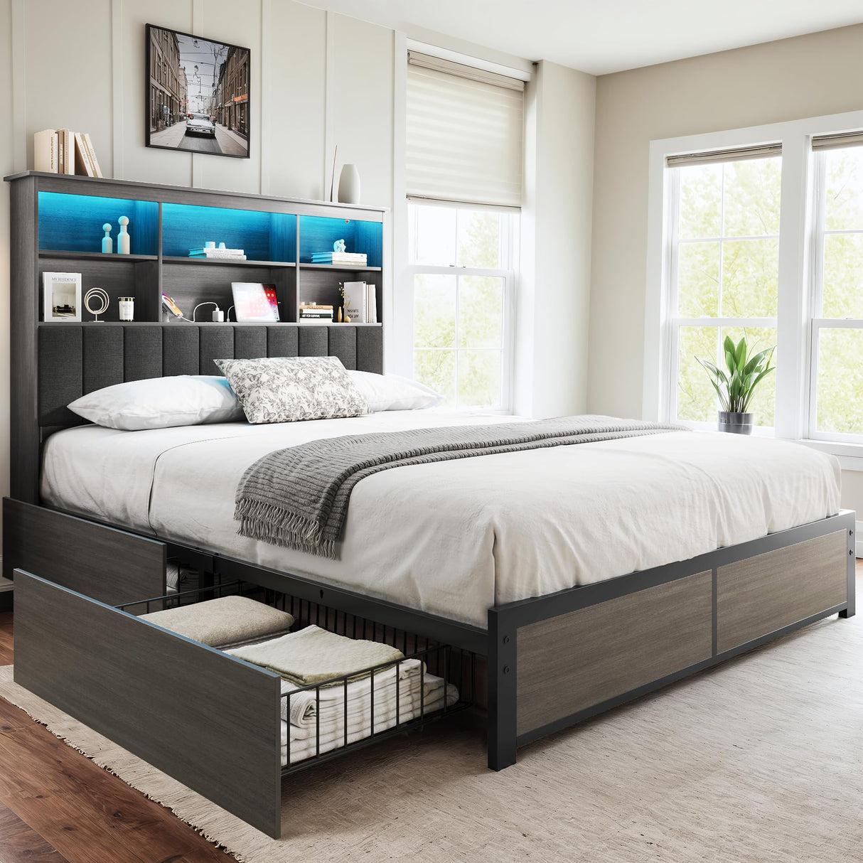 Queen Bed Frame with Headboard, Wood Bed Frame with High Storage Bookcase