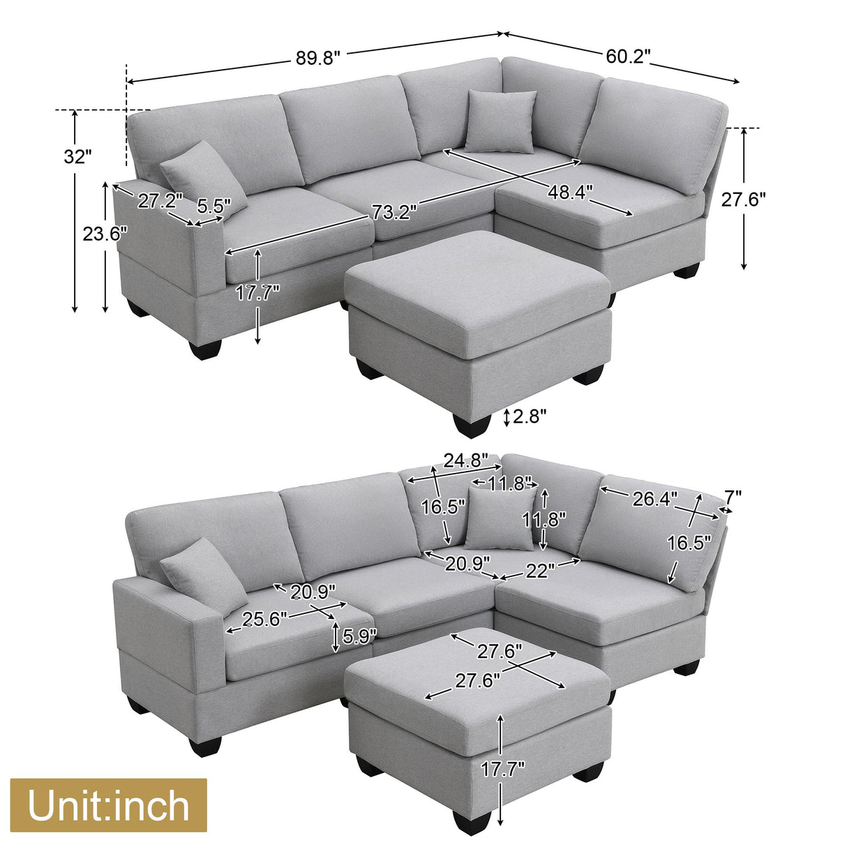 90 inch L-Shape Sectional Sofa 5-Seat Linen Modular Couches Sets with Convertible Ottoman