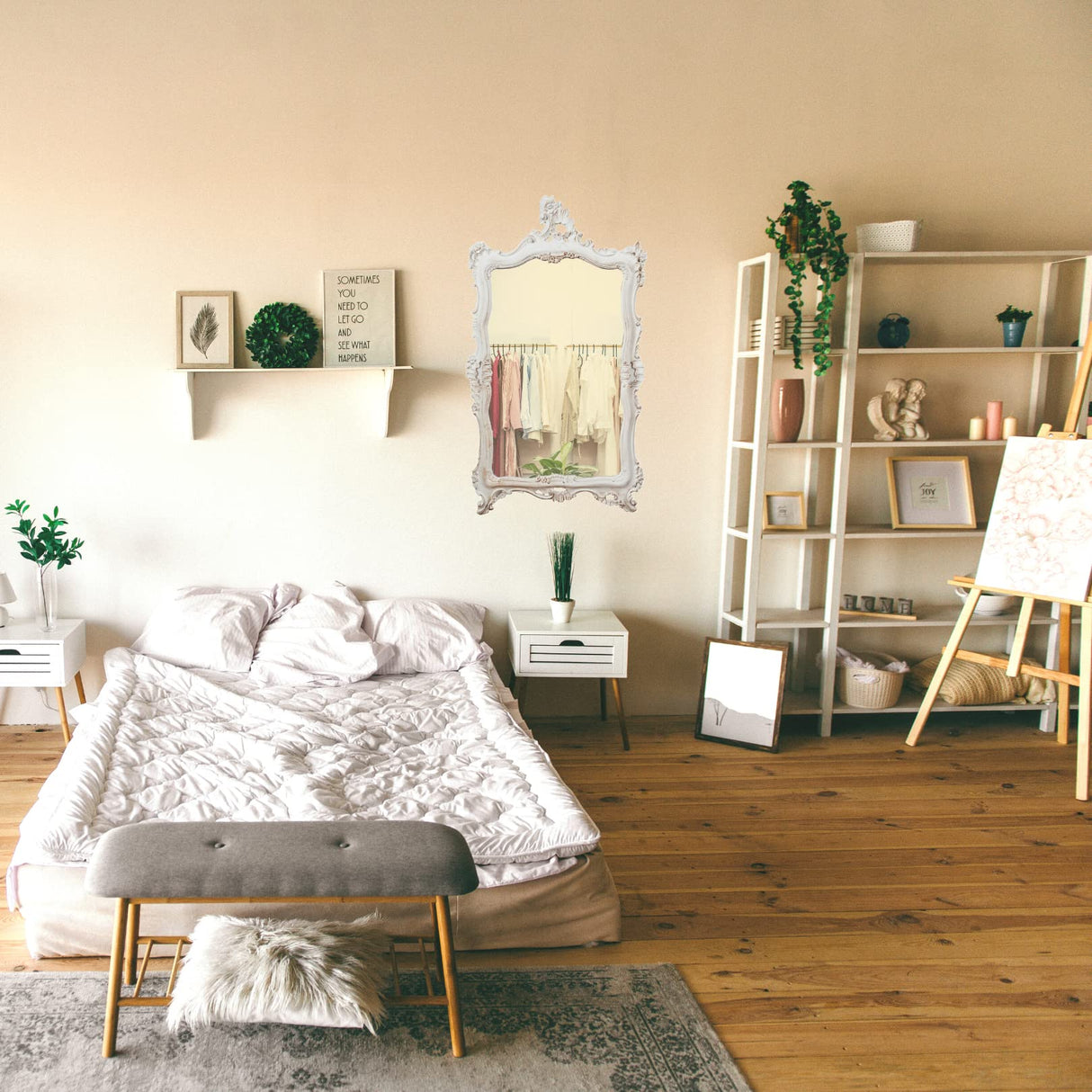 Mirror Wall Mirror Shabby Style in Wood with Antique White Finish Measures L66xDP7xH118