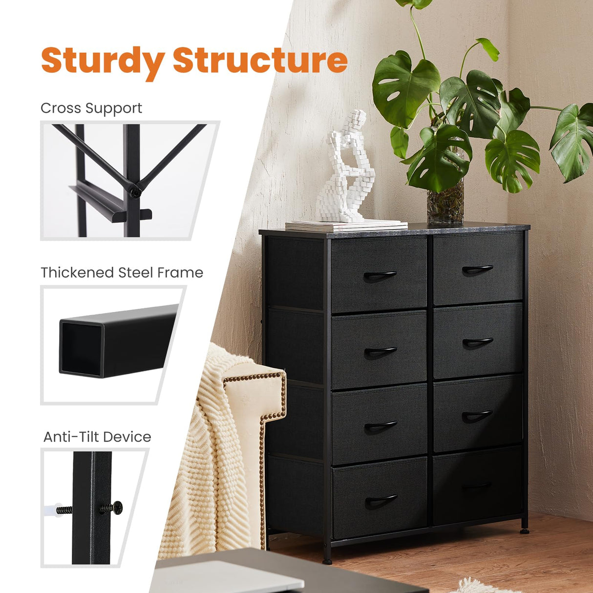 NCH2-8BC-SW-BK, 8 Drawers, Black