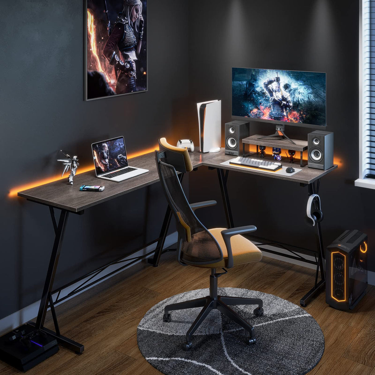 Gaming Desk L Shaped Computer Desk, Corner Desk for Home Office with Monitor Stand 66"