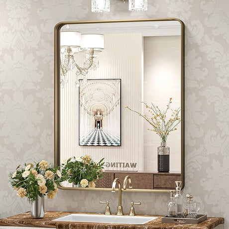 24 x 32 Inch Brushed Silver Bathroom Mirror for Wall Brushed Brass Metal Rounded Corner