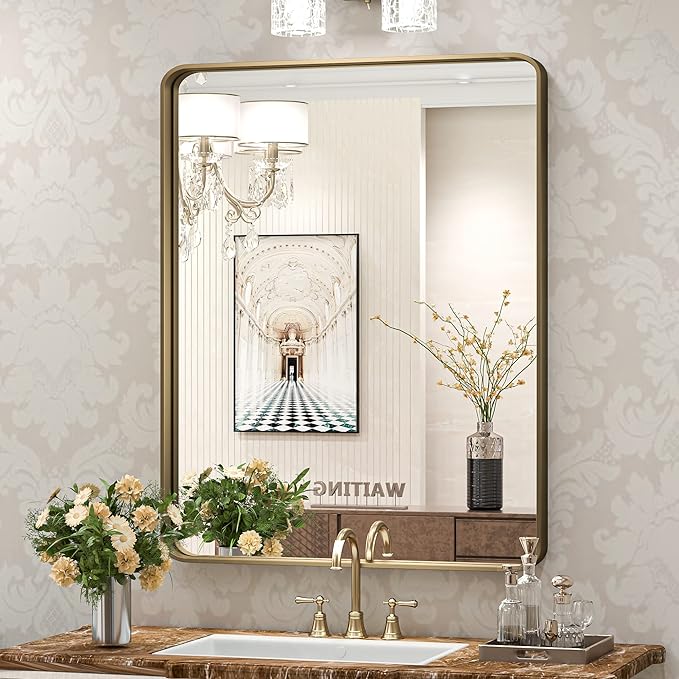 Bathroom Mirror for Wall Brushed Brass Metal Rounded Corner
