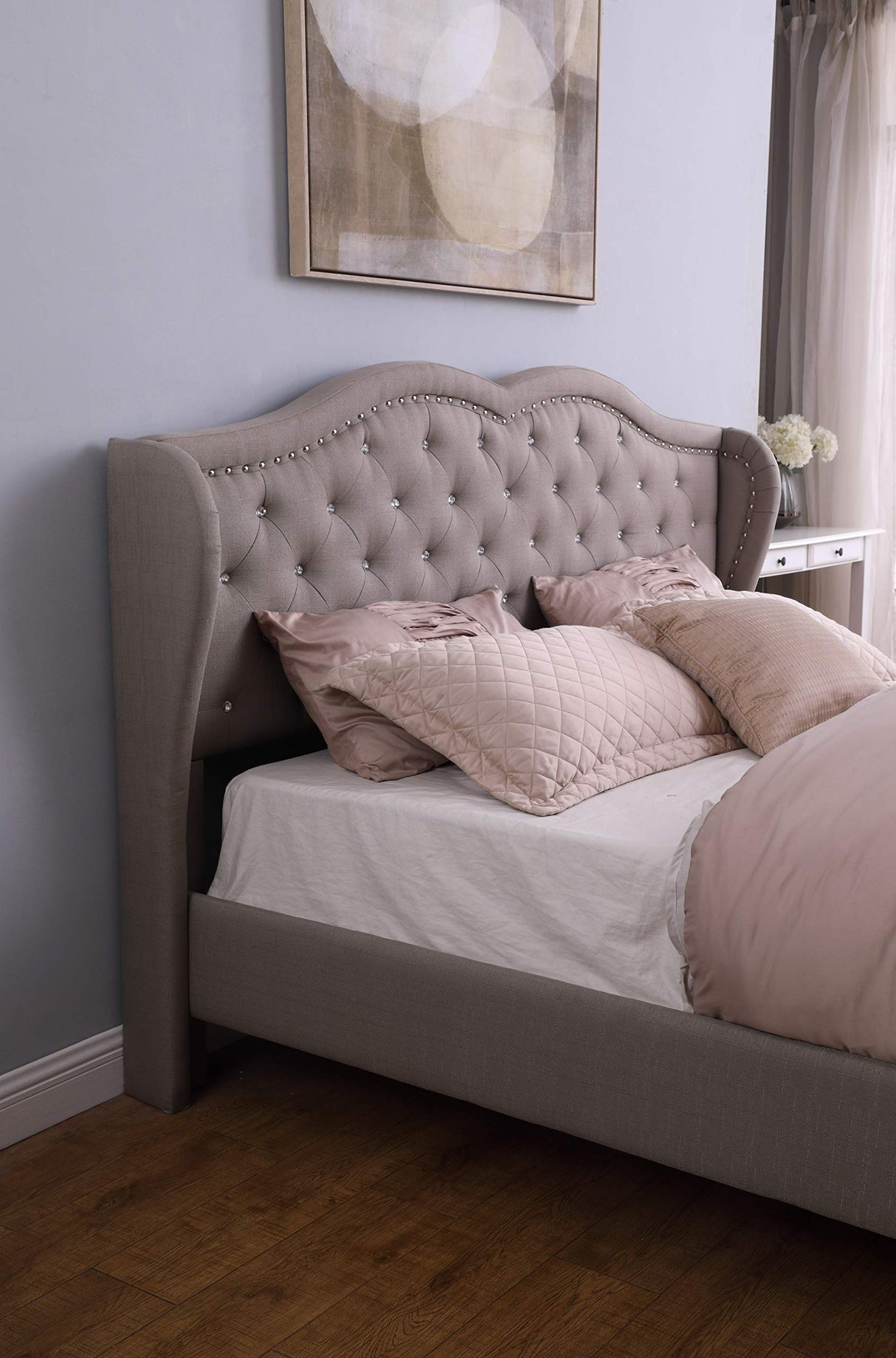 Premiere Curved Classics Cloth Light Grey Silver Linen 51" Tall Headboard Platform Bed