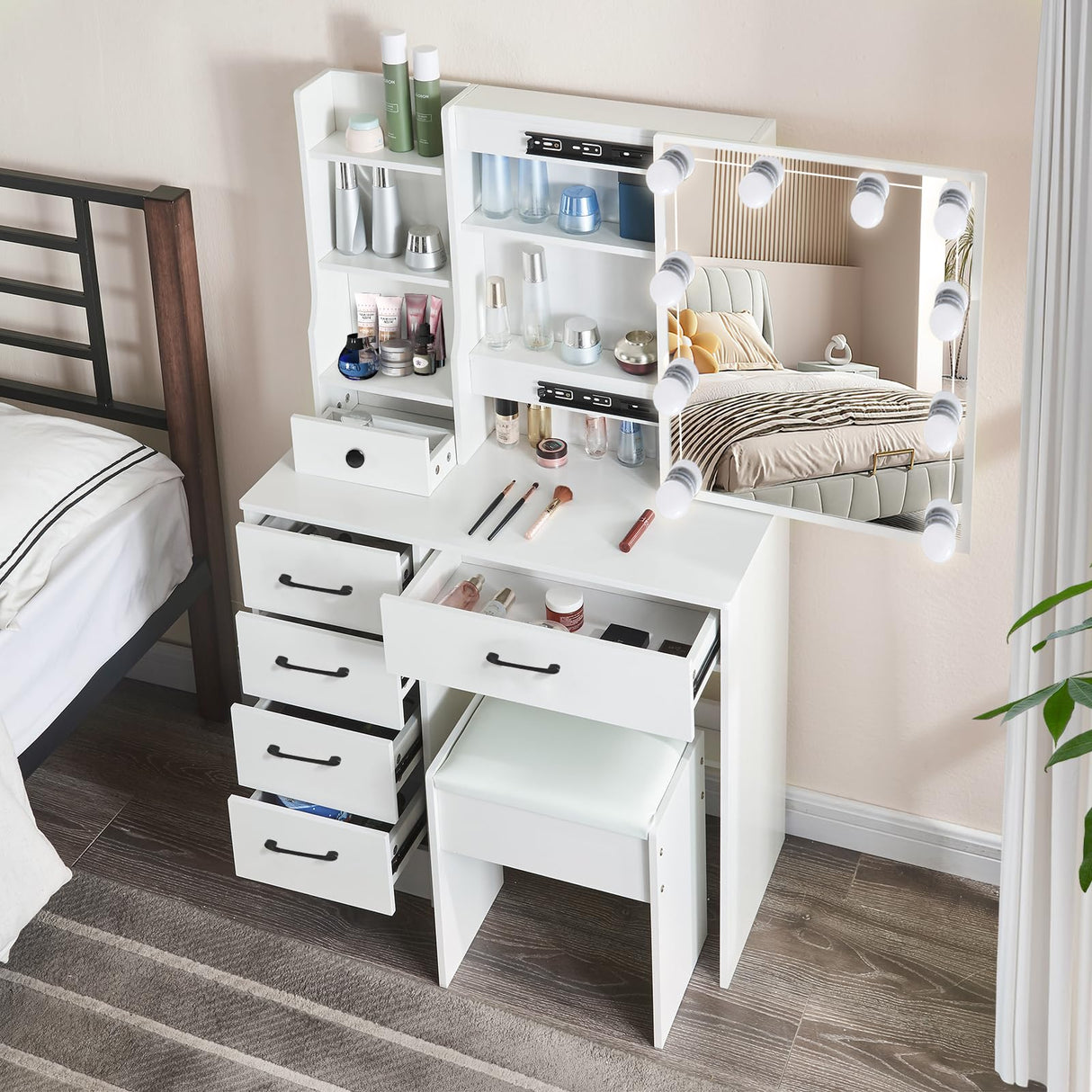 Desk with Mirror and Lights, 31.5" W Vanity Desk with 5 Drawers, 3 Lighting Modes