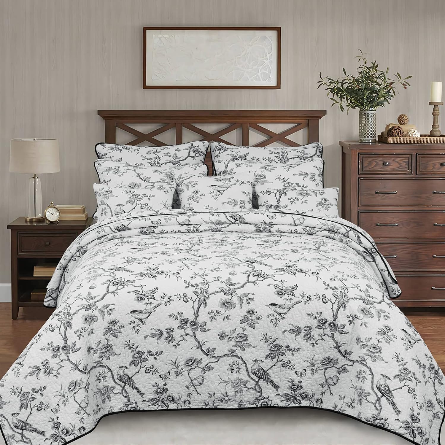 100% Cotton Quilt Queen Size - Black Bird Reversible Coverlet Set 3 Pieces