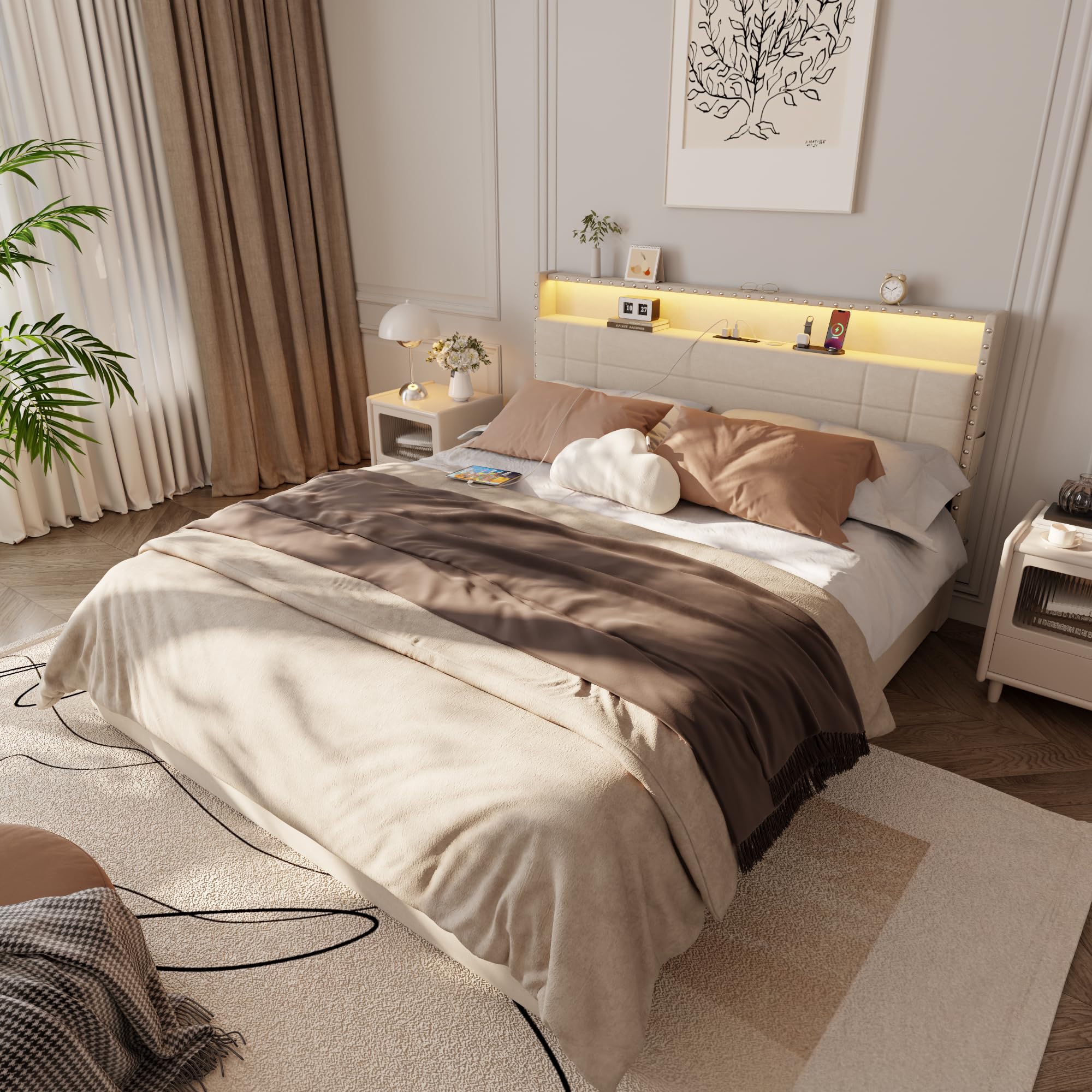 Queen Bed Frame with Storage Drawers, LED Lights & Charging Station