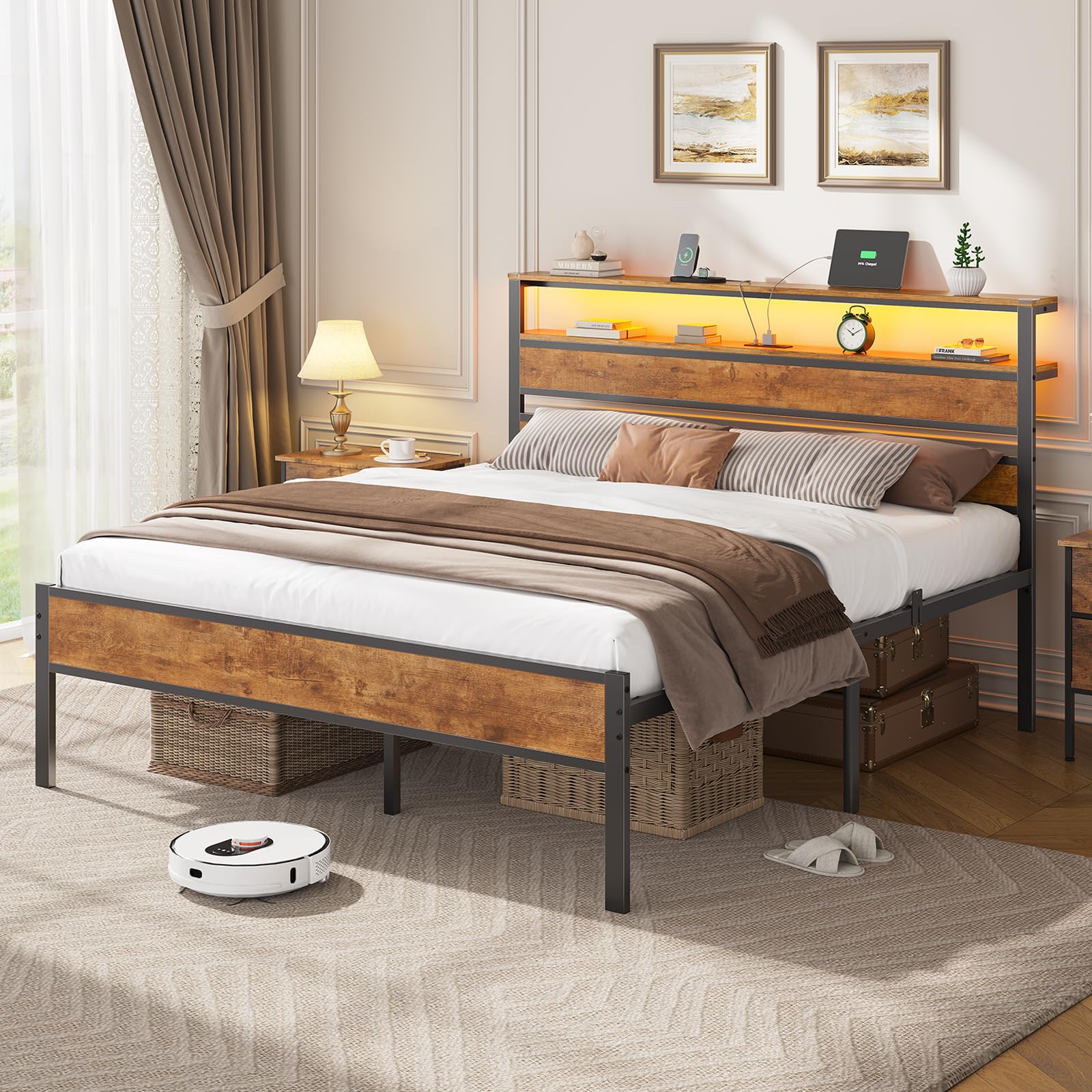 Full Bed Frame with LED Lights & Charging Station