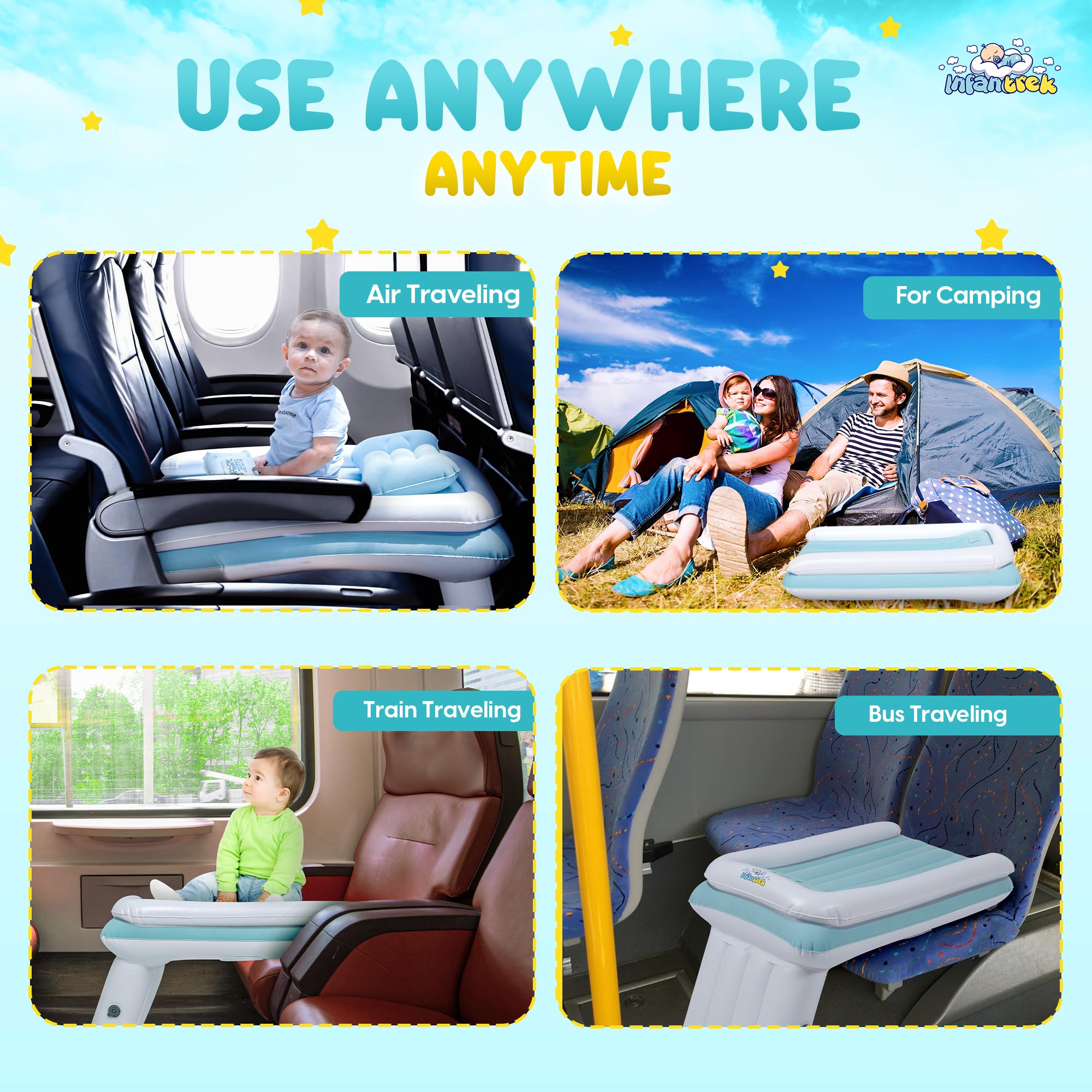 Inflatable Toddler Airplane Bed - Baby Travel Bed for Airplane & Car with Safety Belt