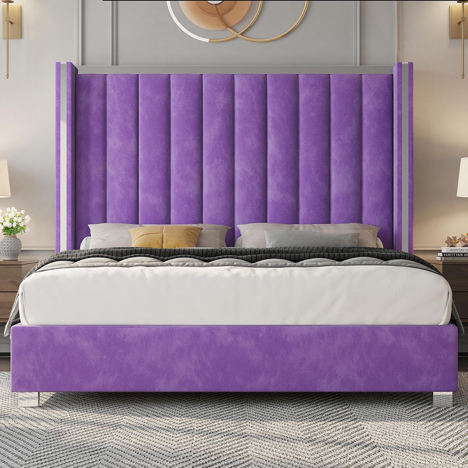 King Velvet Platform Bed with 58" Tufted Wingback Headboard