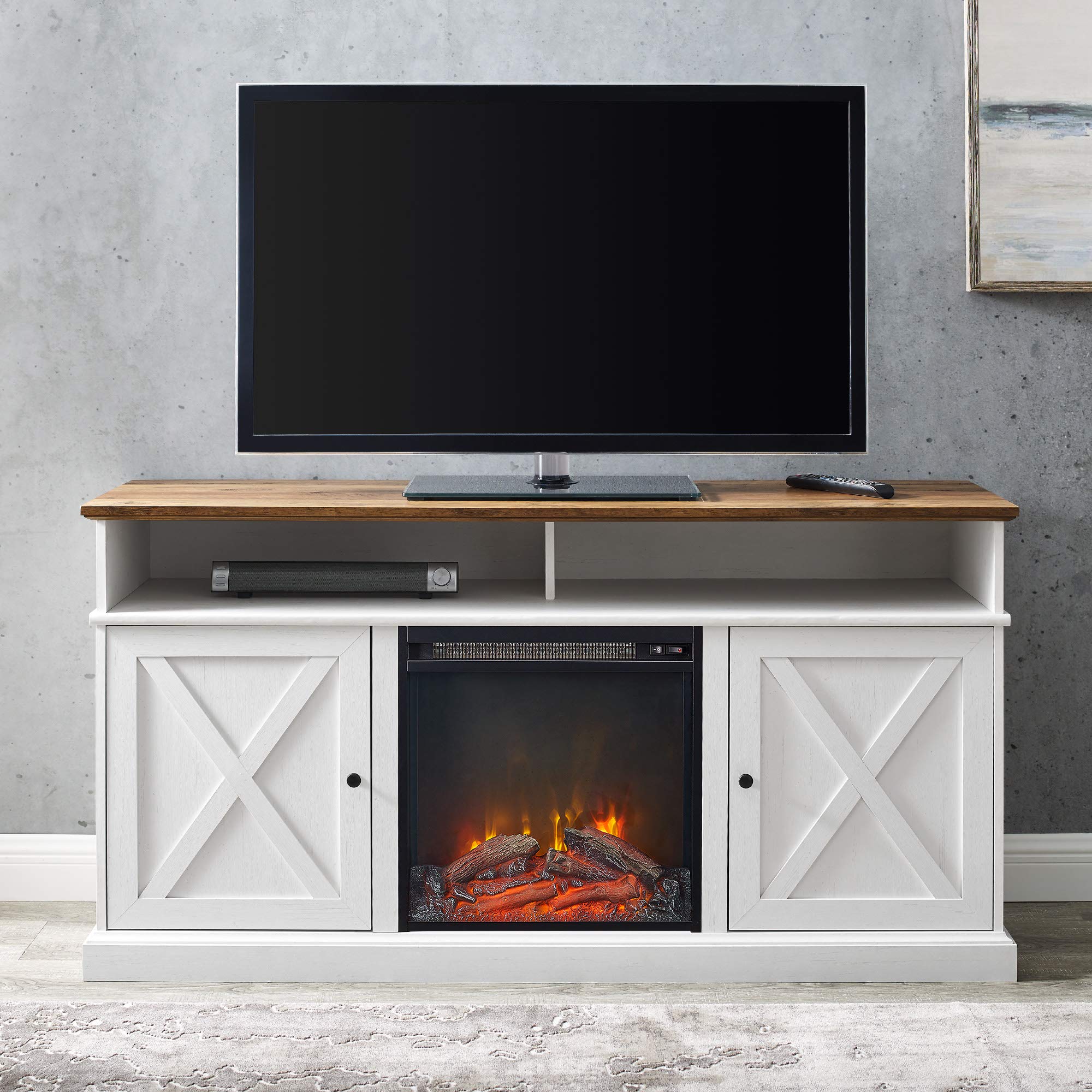 Atticus Farmhouse Tall X Barn Door Fireplace Stand for TVs up to 65 Inches,
