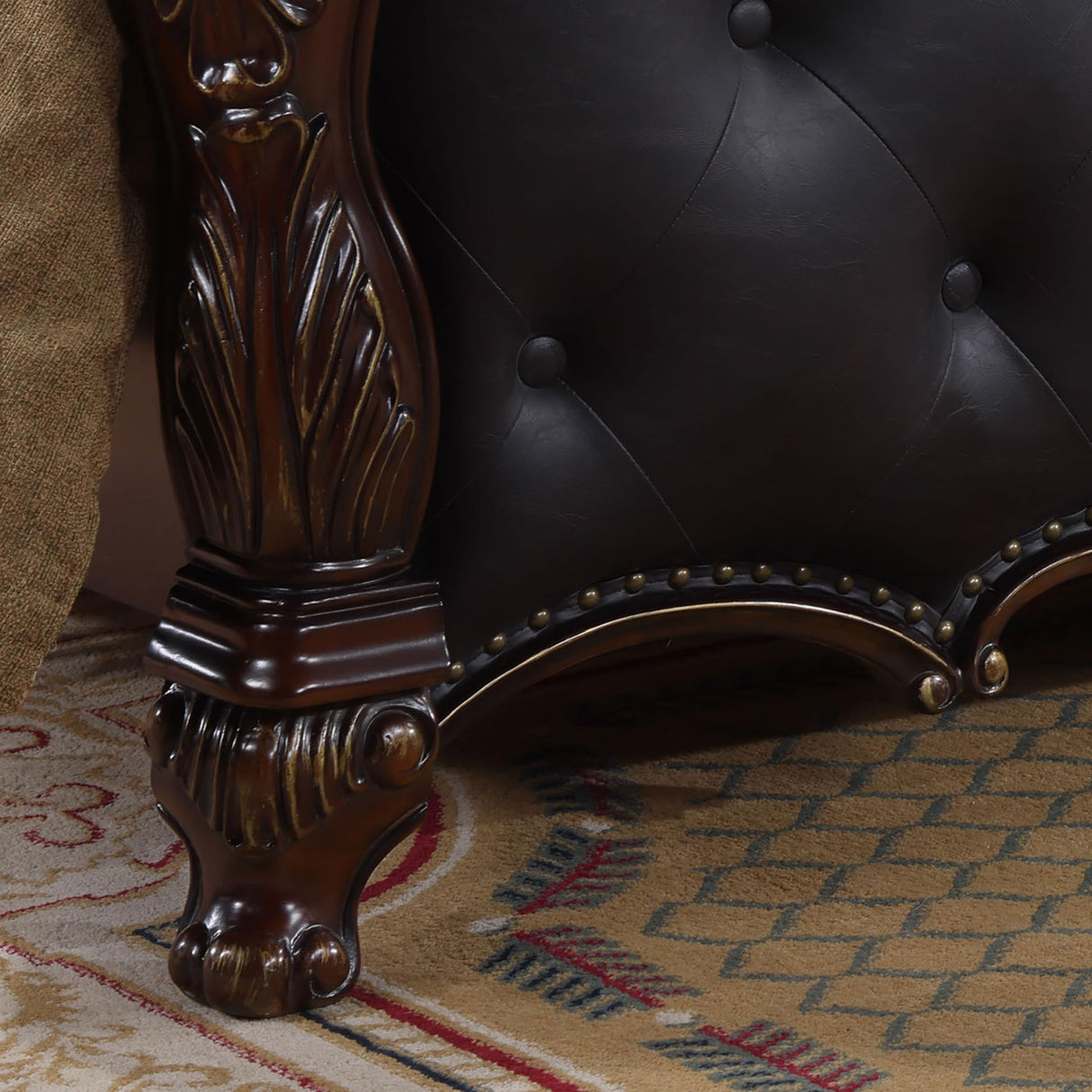 Agatha Traditional Wood Queen Bed Frame with Tufted Leatherette Headboard