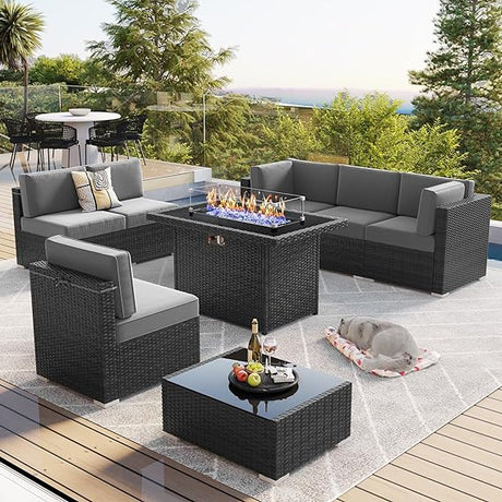 8 Pieces Outdoor Patio Furniture Set with 44" Fire Pit Table Brown Rattan