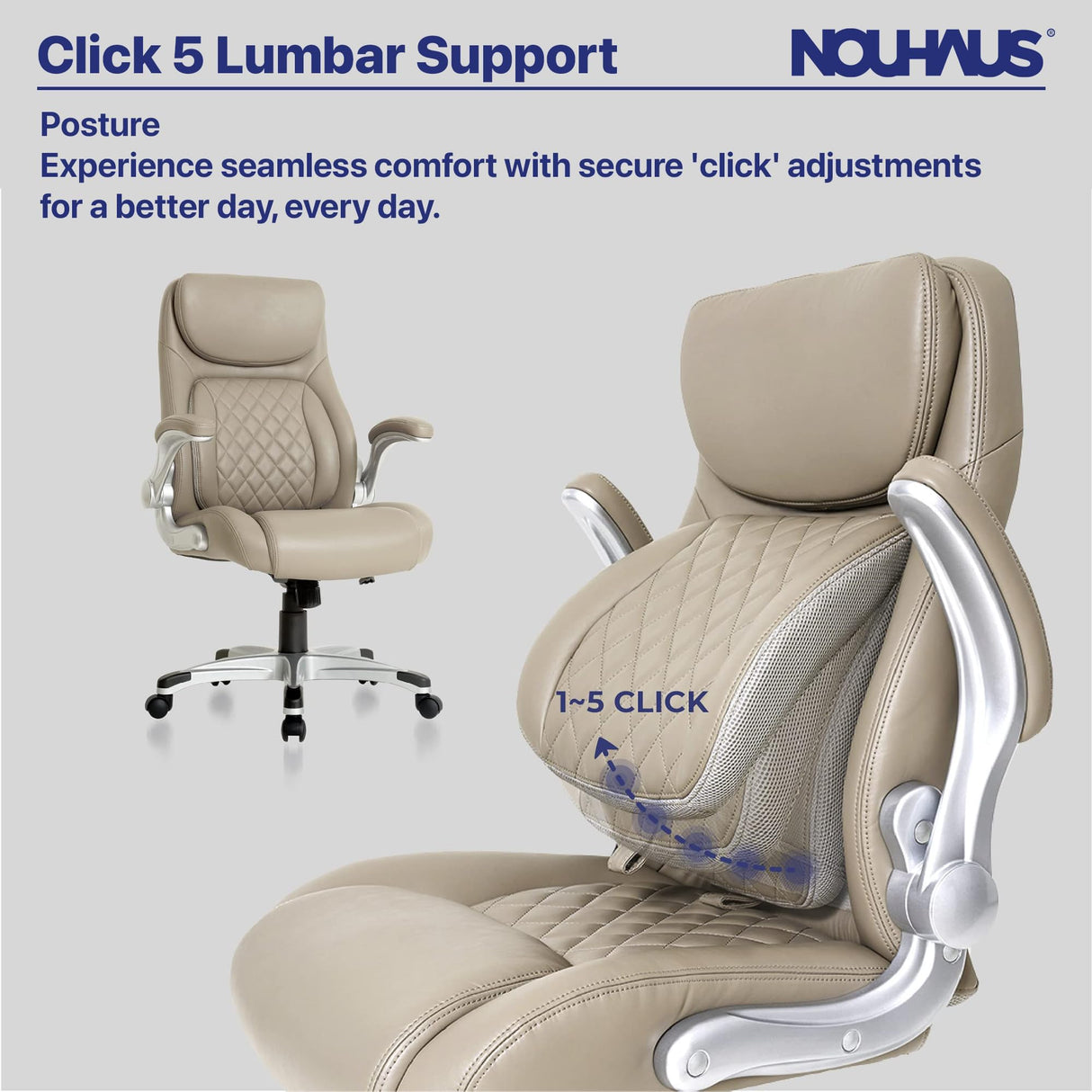 +Posture Ergonomic PU Leather Office Chair. Click5 Lumbar Support with FlipAdjust