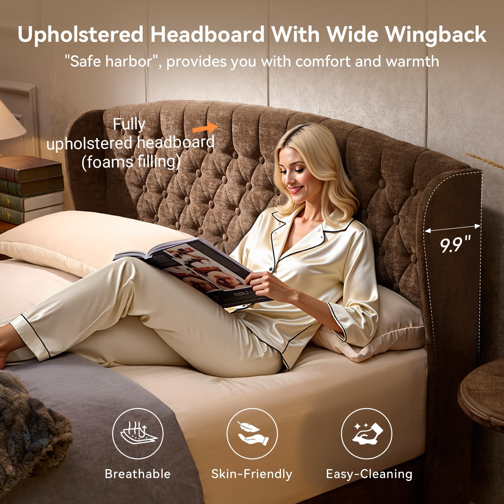 Queen Size Upholstered Platform Bed Frame with Sleigh Headboard