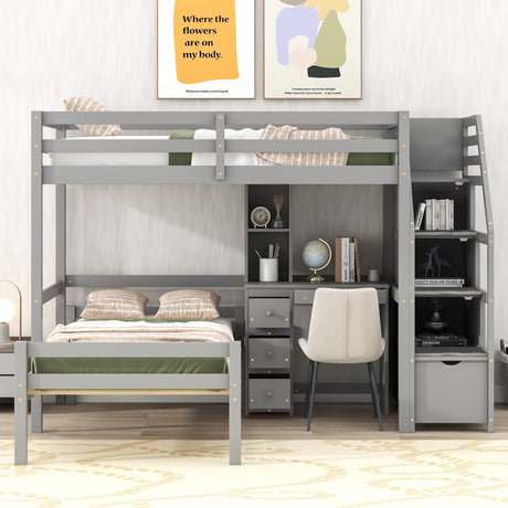 Twin Over Twin Bunk Bed with Stairs and Desk, Solid Wood Loft Bed