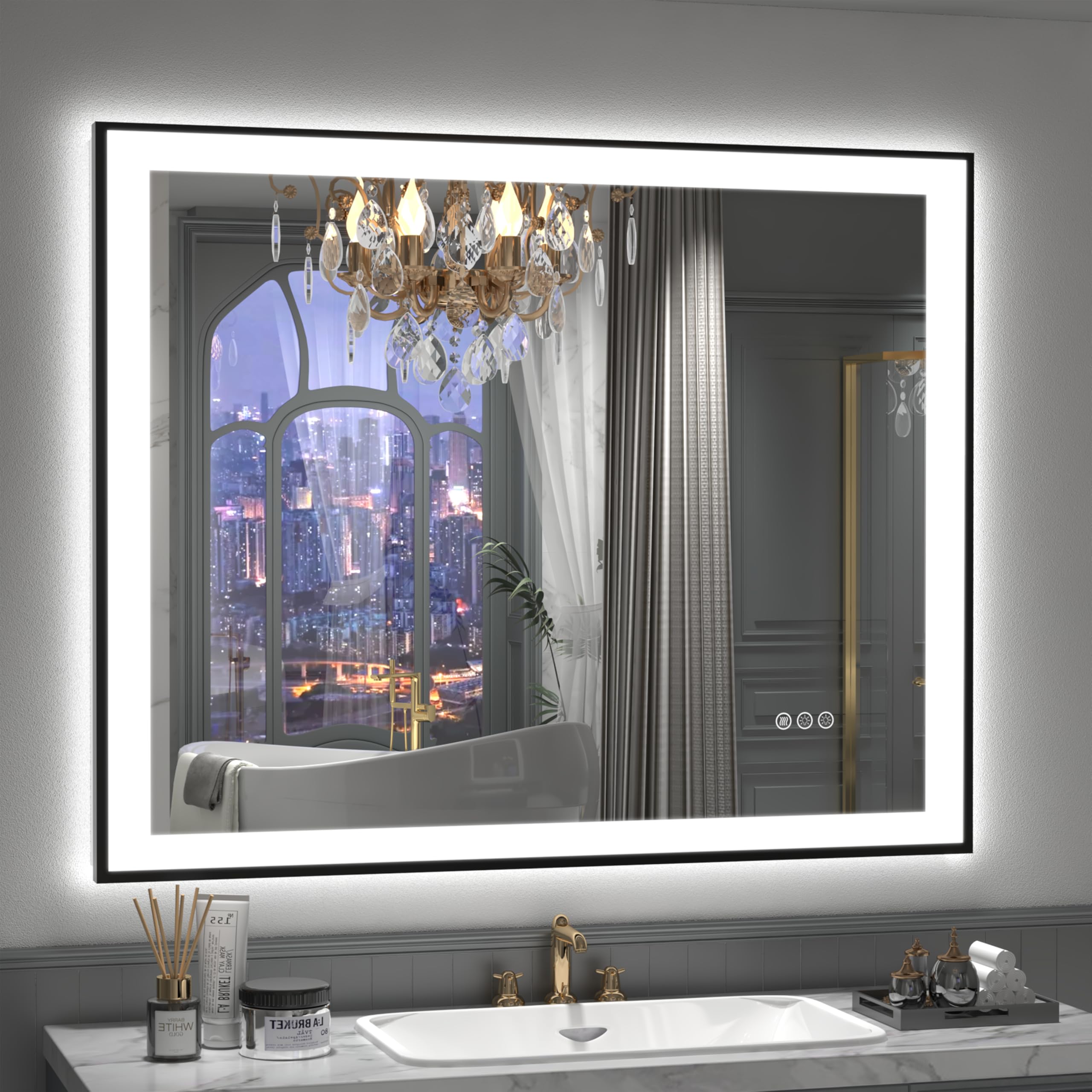 Bathroom Mirror, Dimmable Framed Vanity Mirror