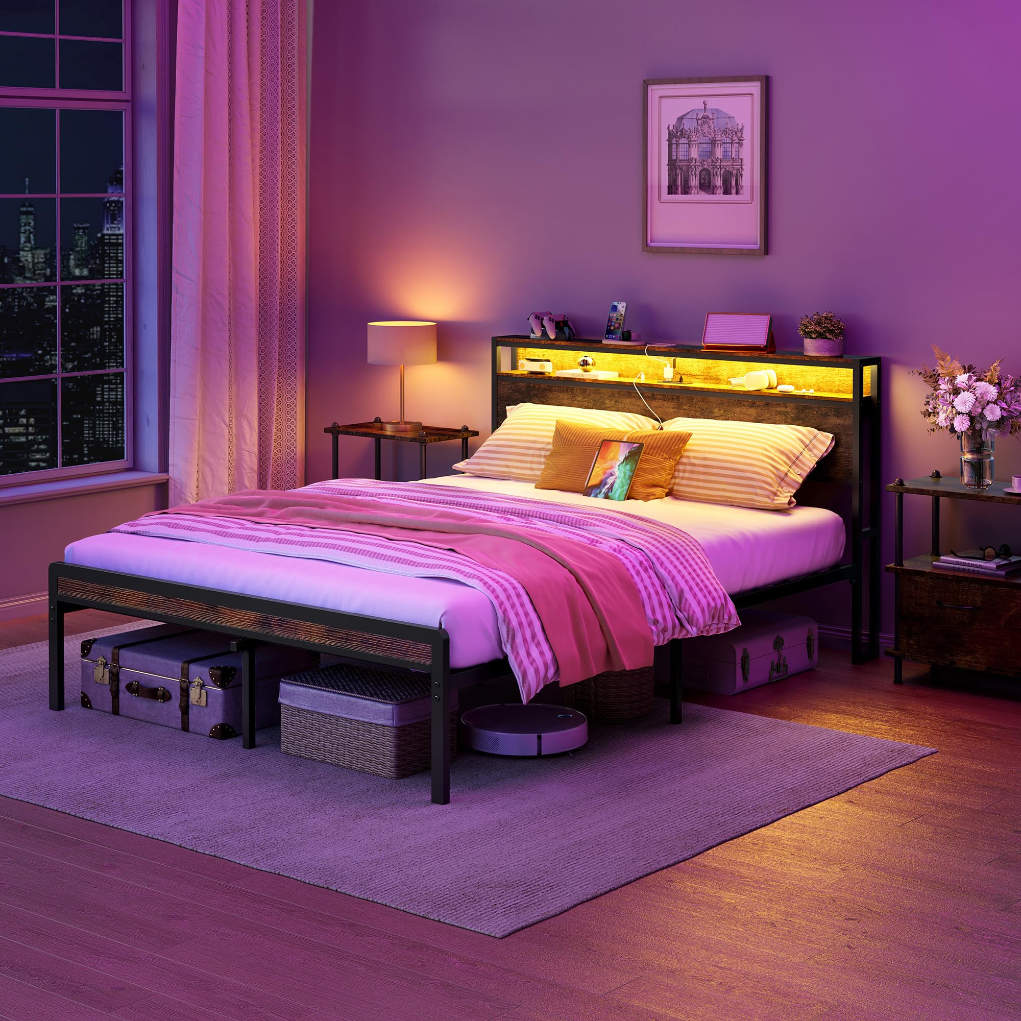 Full Size Bed Frame with Storage Headboard