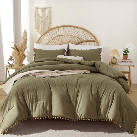 Queen Comforter Set - Comforter Queen Size Sets with Ball Pom Fringe, Soft Bedding Set