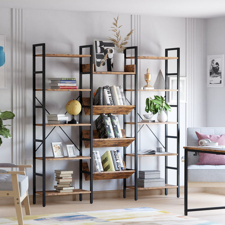 IRONCK Bookcases and Bookshelves Triple Wide 5 Tiers Industrial Bookshelf, Large Etagere Bookshelf Open Record Player Shelves with Metal Frame for Living Room Home Office