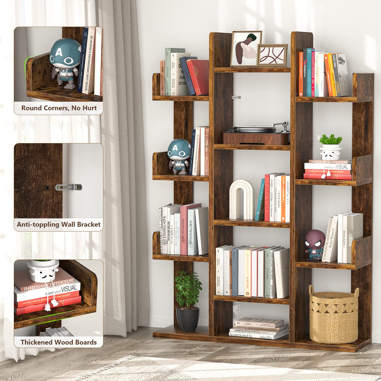 Bookshelf, Tree-Shaped Bookcase Storage Shelf with 13 compartments, Books Organizer Display Cube Shelves, Industrial Free Floor Standing Wood Open Bookshelves for Home