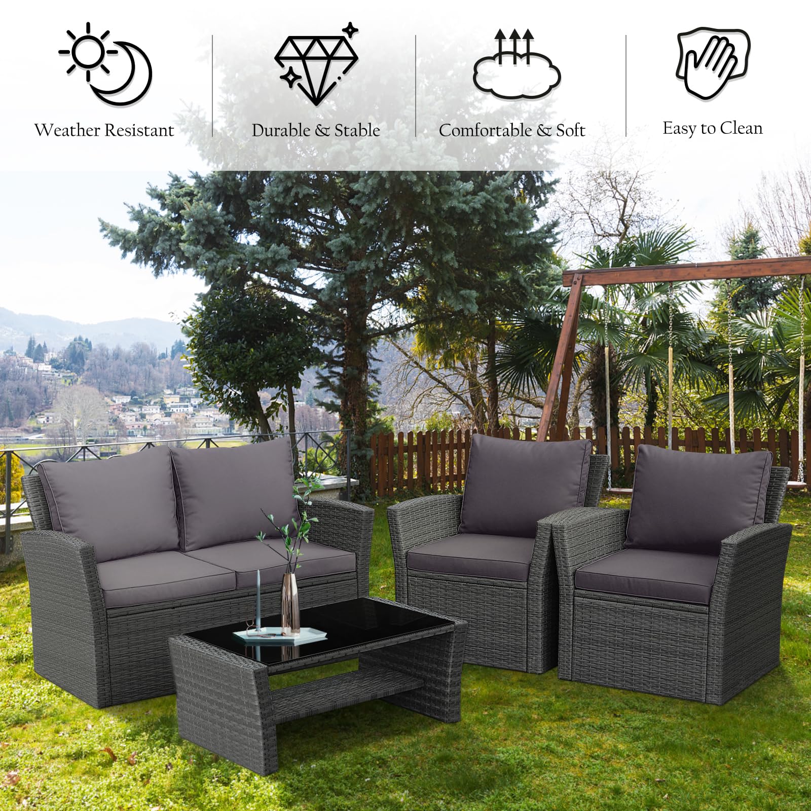 4 PCS Wicker Patio Furniture Set with Soft Cushions & Tempered Glass Table
