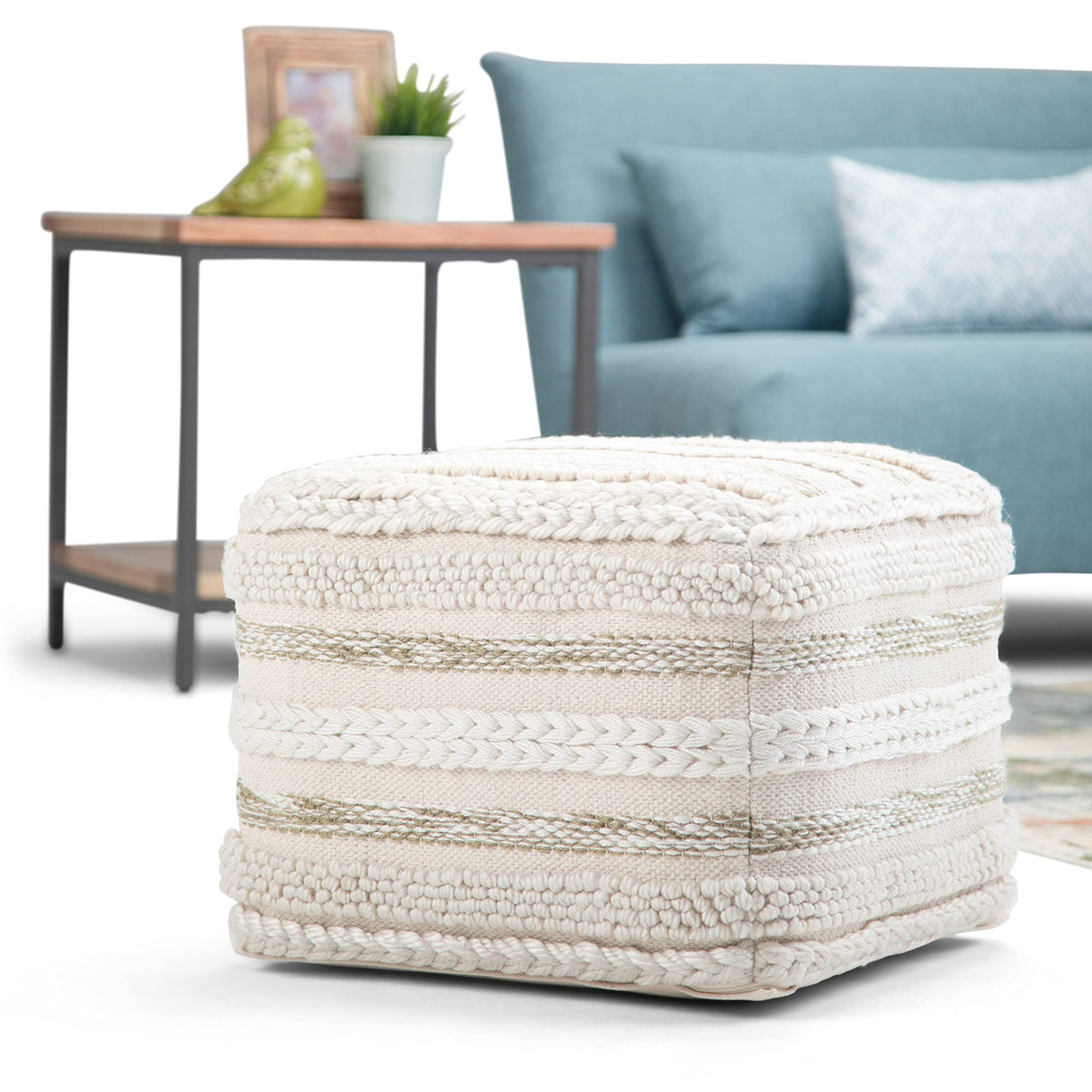 ommer Boho Square Pouf in Natural Handloom Woven Pattern for the Living Room,
