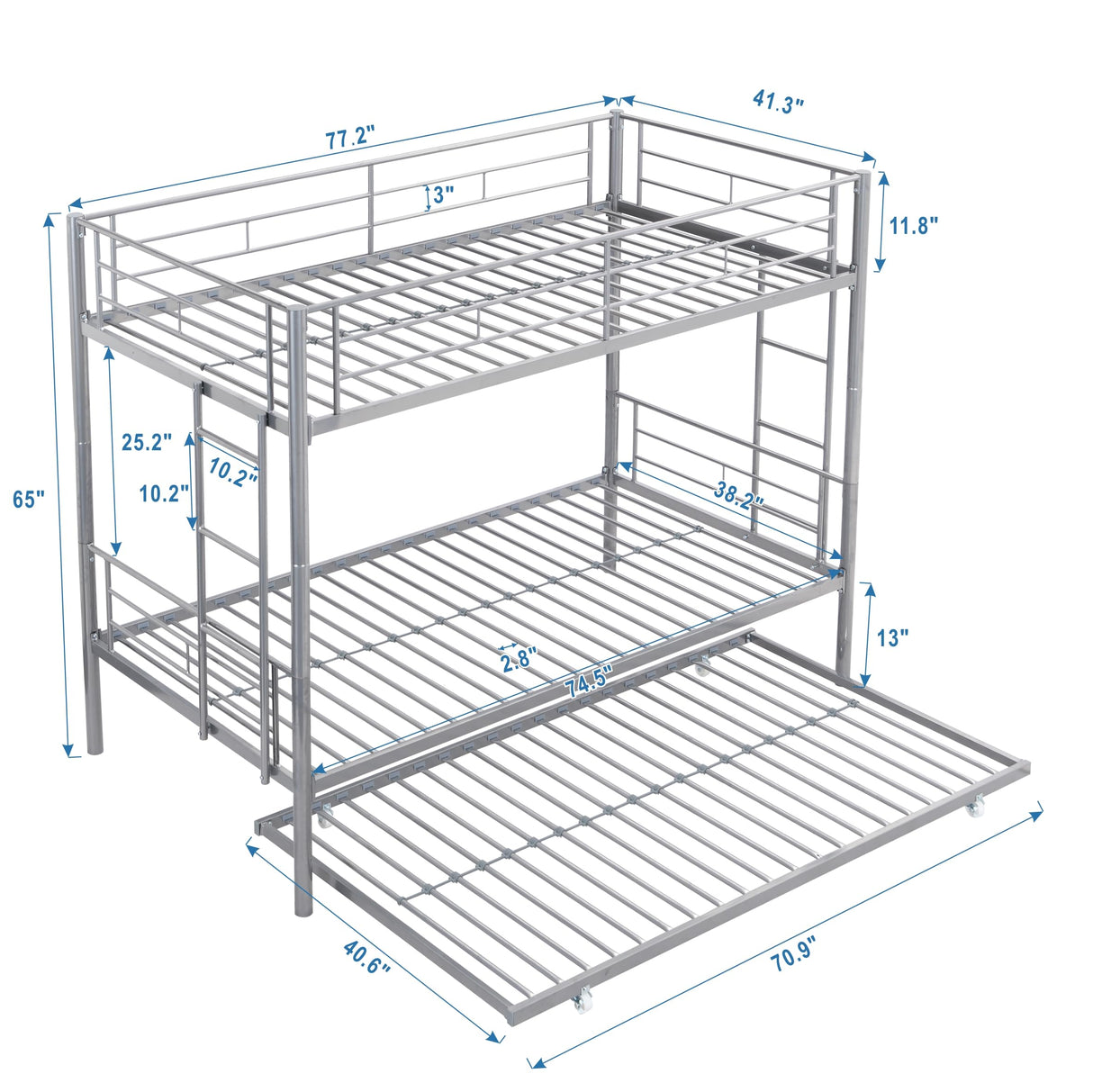 Twin Size Bunk Bed with Safety Guardrail, 2 Side Ladders, Trundle