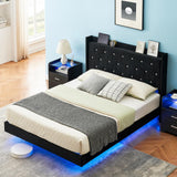 Floating Bed Frame Full Size with LED Lights, Modern Upholstered Platform Full Bed Frame