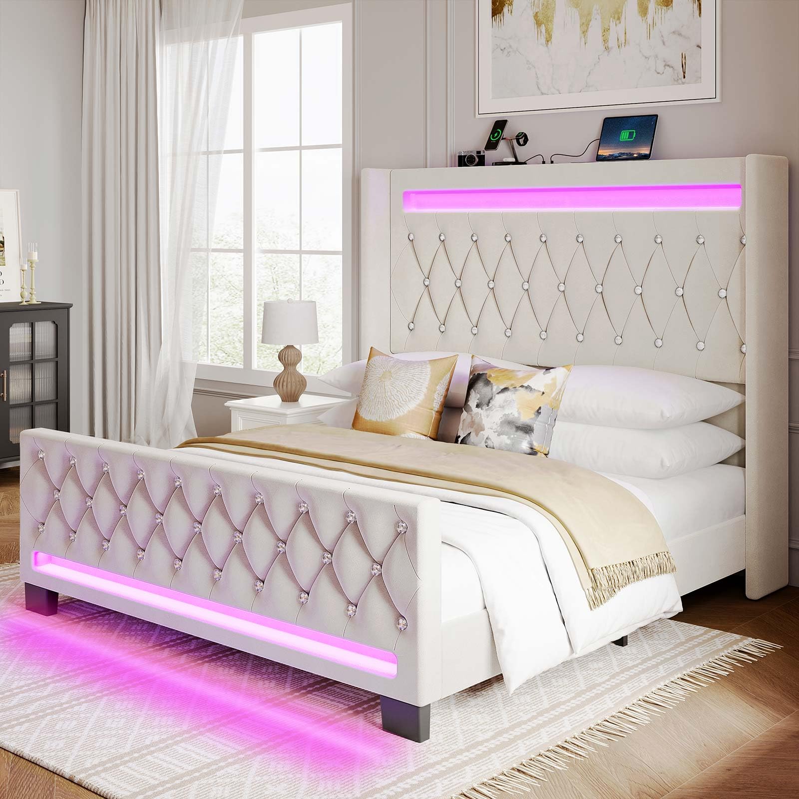 Full Bed Frame with LED Lights and Charging Station