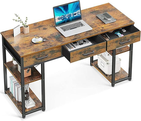 Office Small Computer Desk: Home Table with Fabric Drawers & Storage Shelves, Modern Writing Desk, Grey Oak, 48"x16"