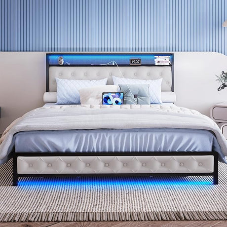 Queen Bed Frame with 4 Storage Drawers, Charging Station and LED Lights, Upholstered Headboard with Storage Shelves