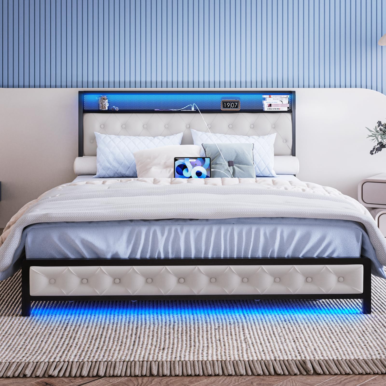Queen Bed Frame with 4 Storage Drawers, Charging Station and LED Lights, Upholstered Headboard with Storage Shelves