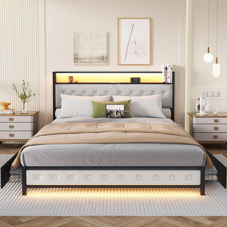 Queen Bed Frame with 4 Storage Drawers, Charging Station and LED Lights, Upholstered Headboard with Storage Shelves