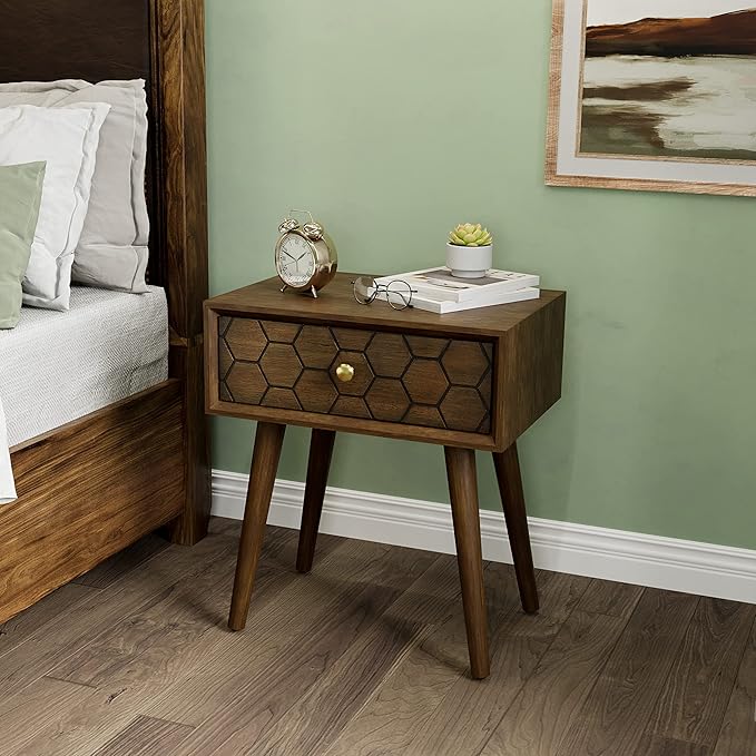Rustic End Table with 2 Drawers, Vintage Wood Bedside Table