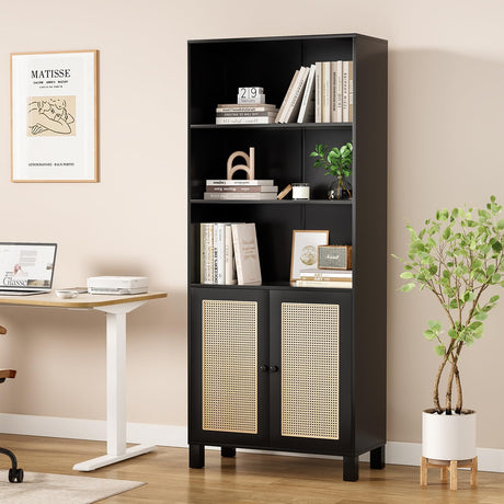 Tall Bookcase with Rattan Doors,5 Tier Storage Wood Shelves Large Bookshelf for Library Living Room Bedroom Home Office,Black