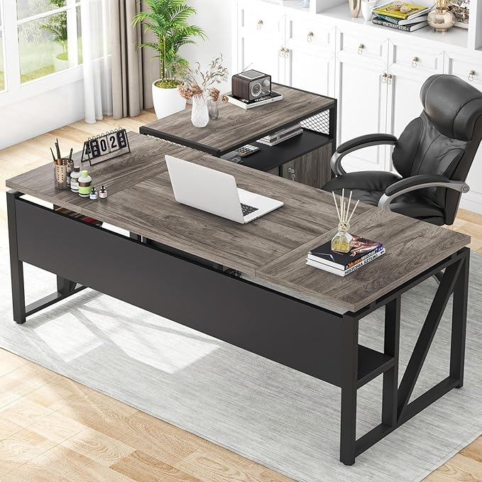 L Shaped Desk with Drawer Cabinet, 63" Executive Computer Desk and lateral File Cabinet