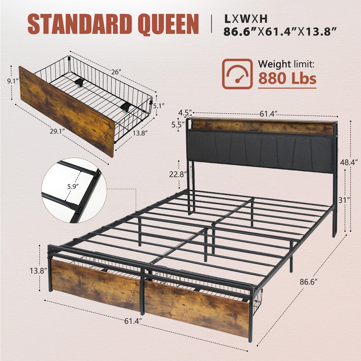 soges Queen Bed Frame with Headboard, Upholstered Bed Frame Queen